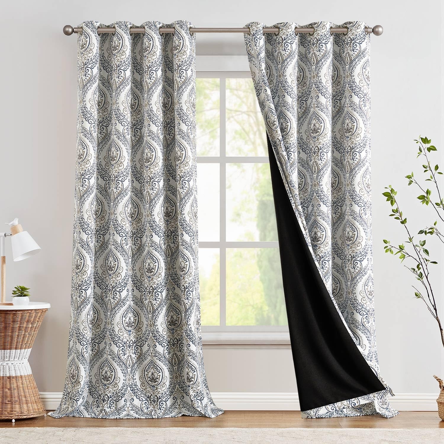 Blue Damask Blackout Curtains 96″ Grommet Thermal Insulated Drapes Set of 2