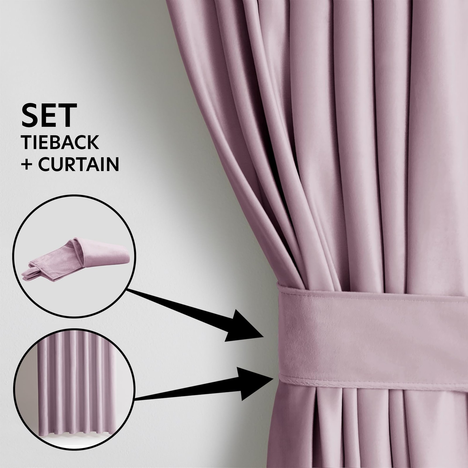 Restilo Set Curtain H 270 x W 140 cm with Tie Backs 54 x 10 cm Velvet Effect P…