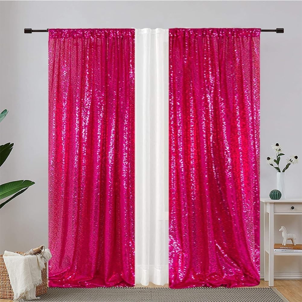 Hot Pink Shimmer Sequin Curtain Set – 2FTx8FT for Birthday, Wedding, Photography