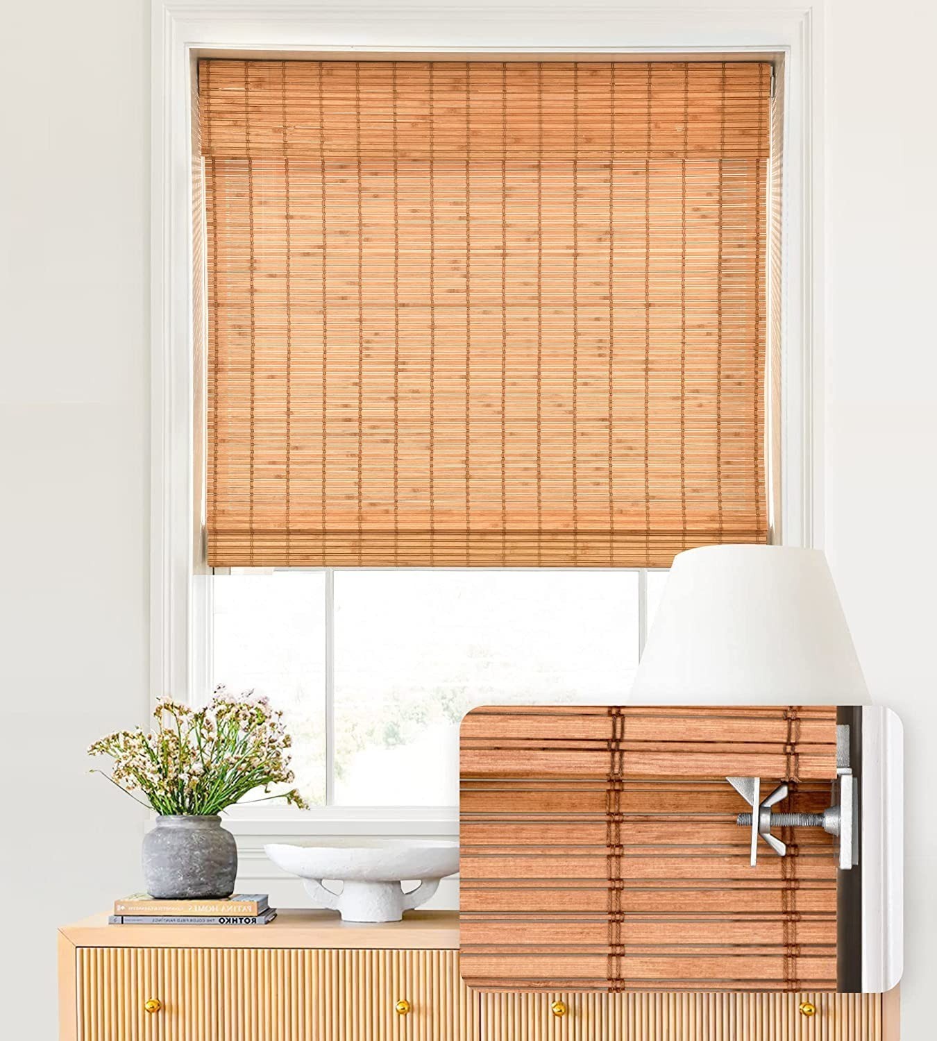 LazBlinds No Tools No Drill Cordless Bamboo Roman Shades Window 39″ W x 64” H