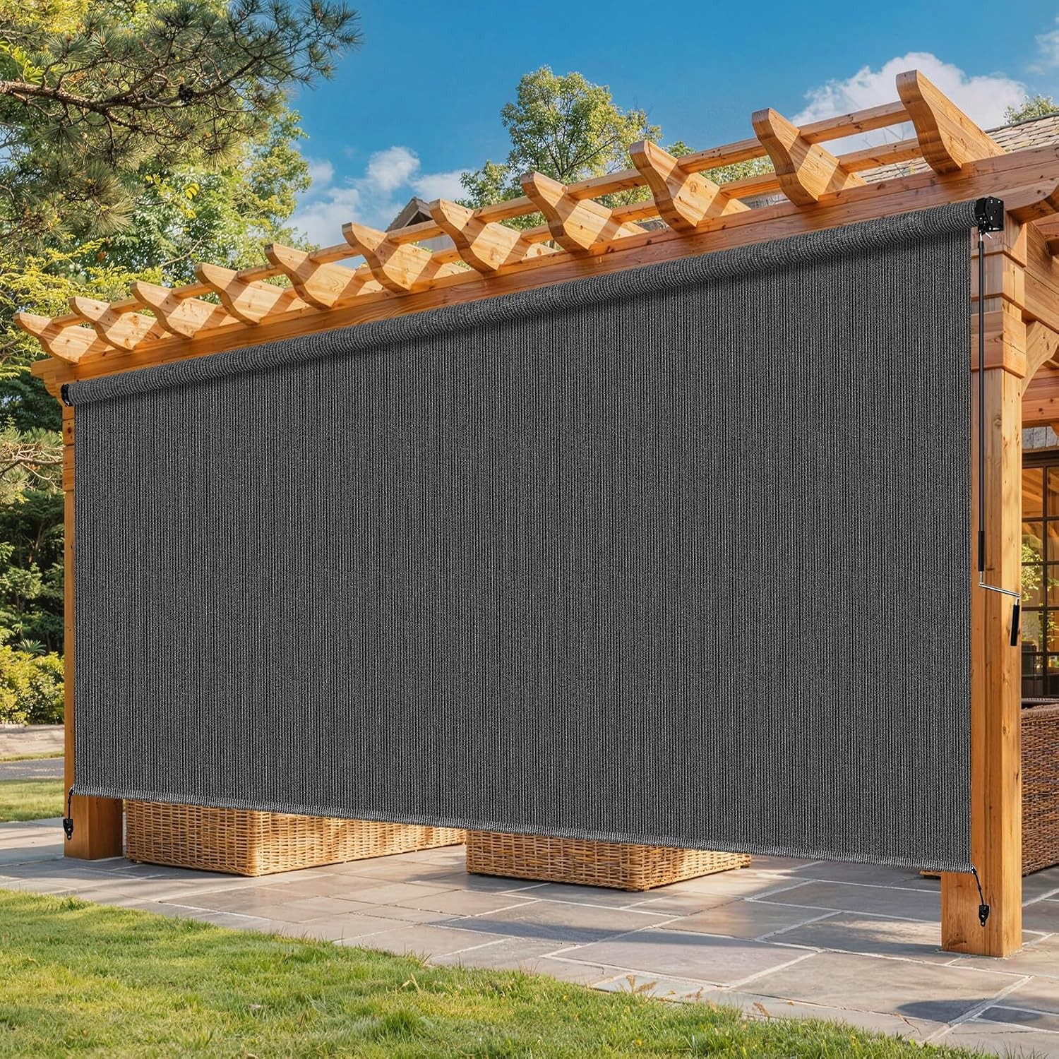 10’W x 8’H Gray Outdoor Roller Shade with Crank Wand Patio Shades Roll up,