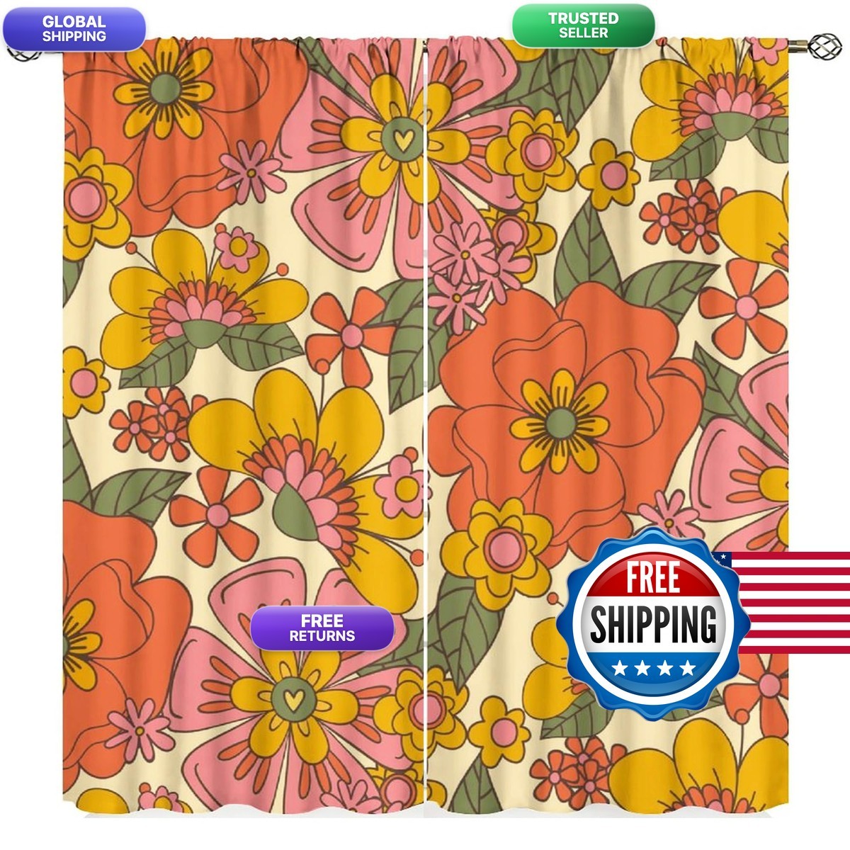 Sxxldng Retro 70S Floral Curtains Hippie Spring Groovy Flower Power Flower Boho