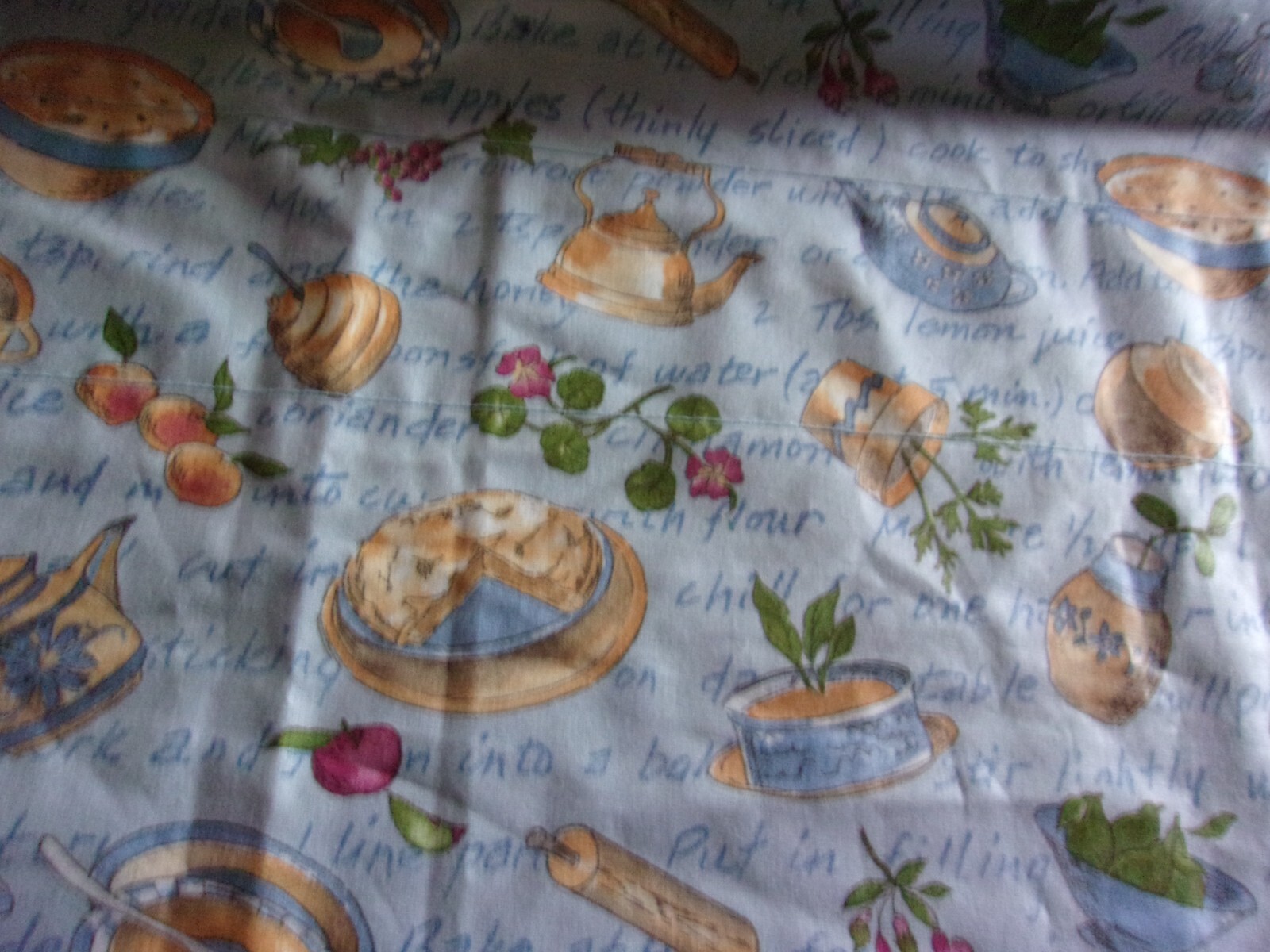 wide kitchen valance-70″; adorable food print on light blue. cotton blend.