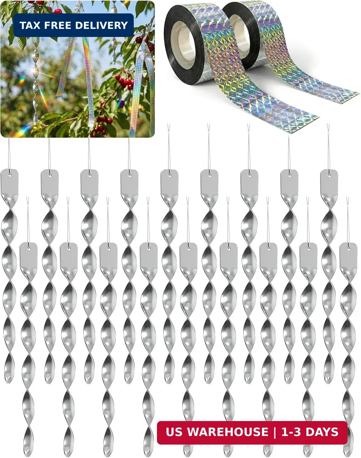 NiHome 20-Pack Spiral Bird Deterrents for Outside, Reflective Rods and Rolls to