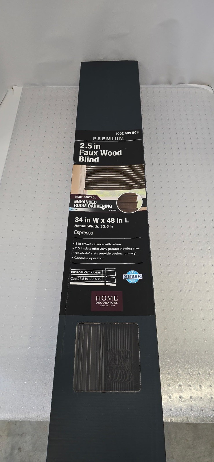 Home Decorators Premium 2.5″ Cordless Faux Wood Blind Espresso 34” W x 48” L NIB