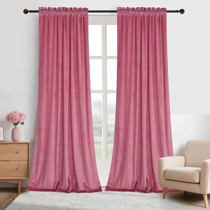 Candy Pink Velvet Room Darkening Insulated Curtains 2 Panels 63″ L x 52″ W