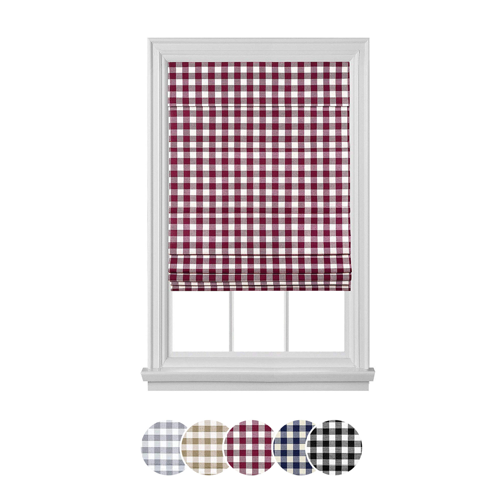 Blackout Cordless Retractable Check Plaid Gingham Taupe Window Roman Shades