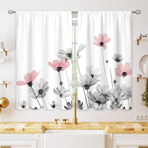 Farmhouse Pink Grey Floral Kitchen Curtains Rustic Flower Window Treatment