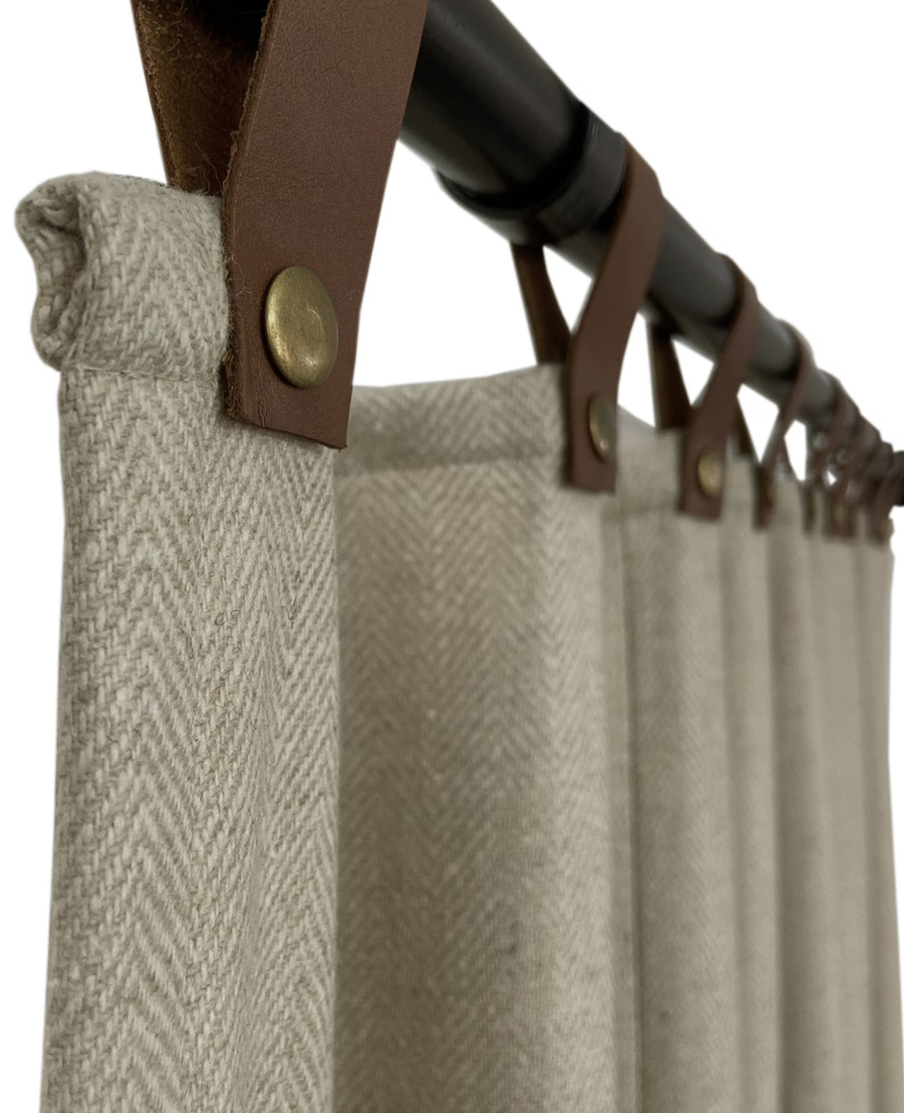 Thermal Insulated Herringbone Wool Curtain Panel | Leather Tabs & Snap Buttons