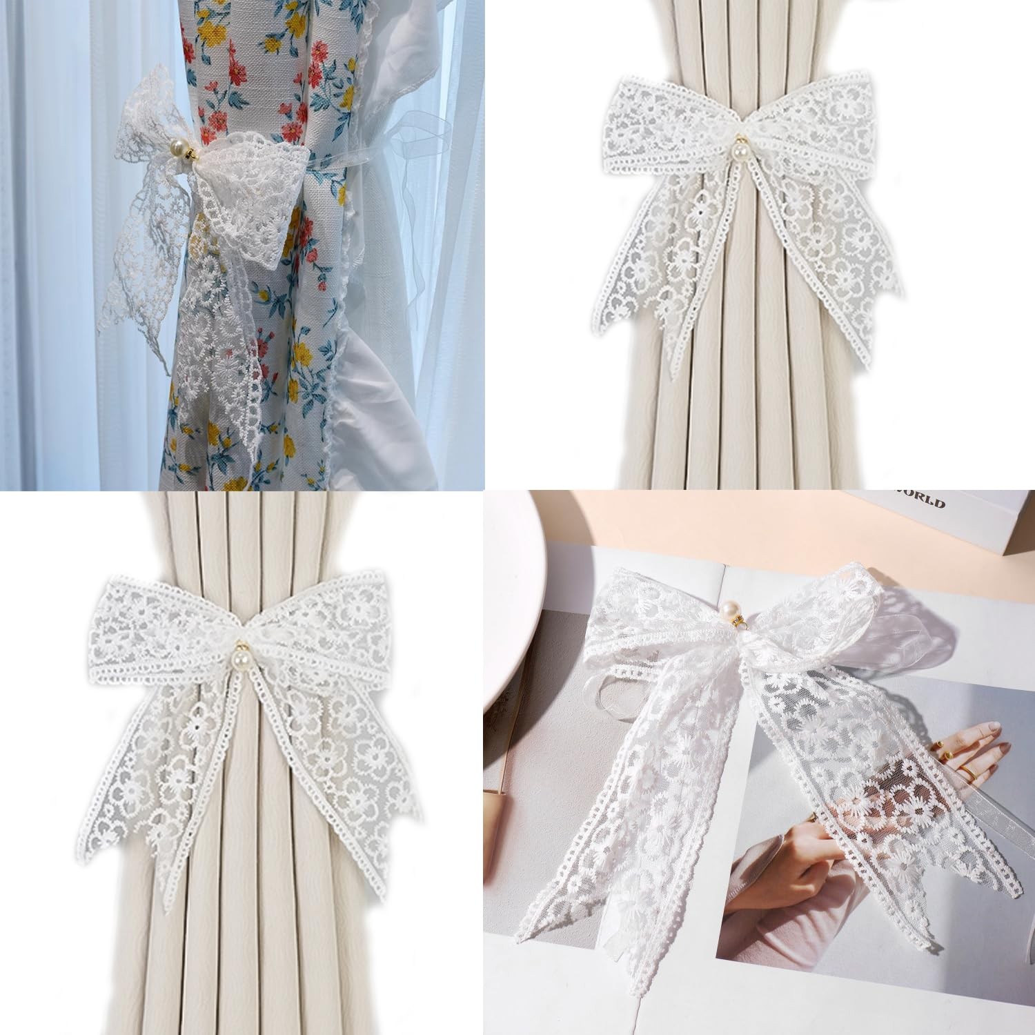 UtySty 4 Pack Curtain Tiebacks Magnetic Beaded Pearl Tie Back Lace Bow White