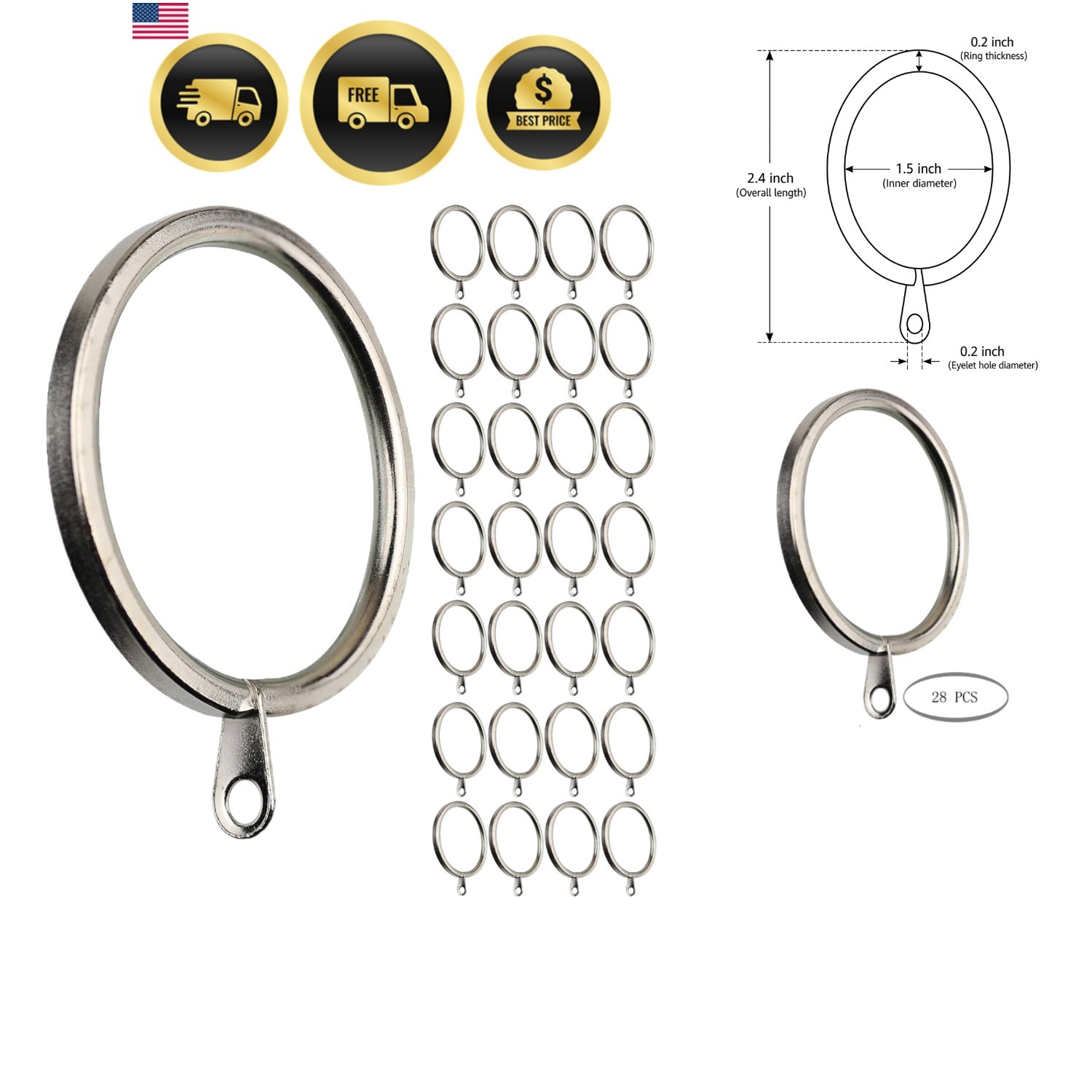 28 pcs 1.5-Inch Inner Diameter Metal Flat Curtain Rings with Eyelets, Fits Up…