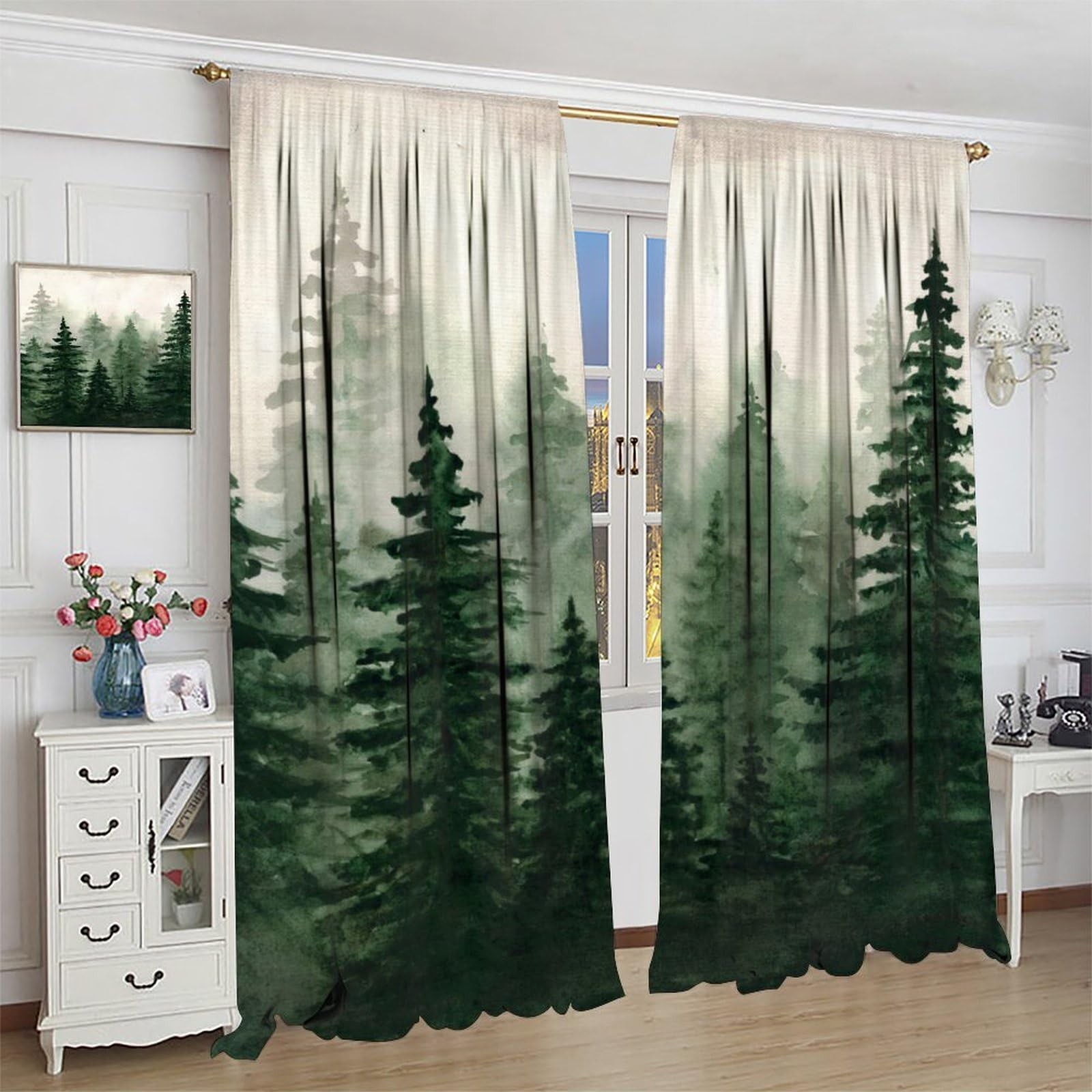 Forest Curtains for Kitchen,Vintage Rustic Watercolor Green Misty Nature Fore…