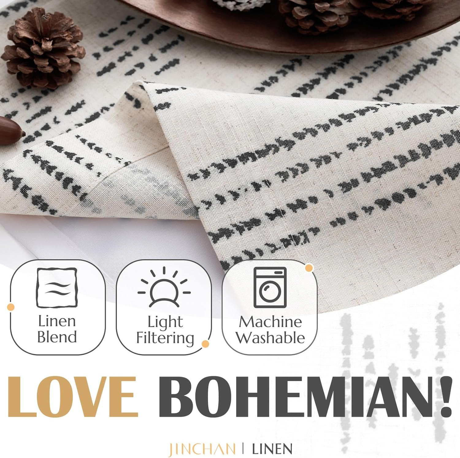 Boho Linen Kitchen Curtains 45 Inch Bohemian Geometric Striped Small Window Curt