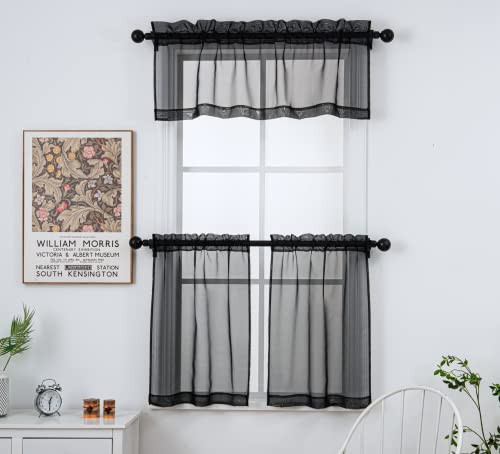 Sheer Valance Tier Curtains 18 inch Length, 52″W x 18″L (Pack of 2) Black