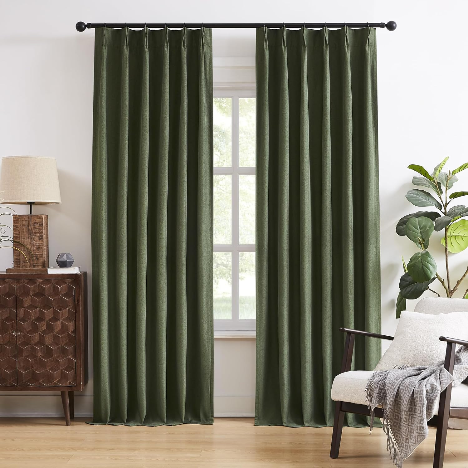 Olive Green Pinch Pleated Curtains 63″ Long, Heat Reflective Linen, 2 Panels