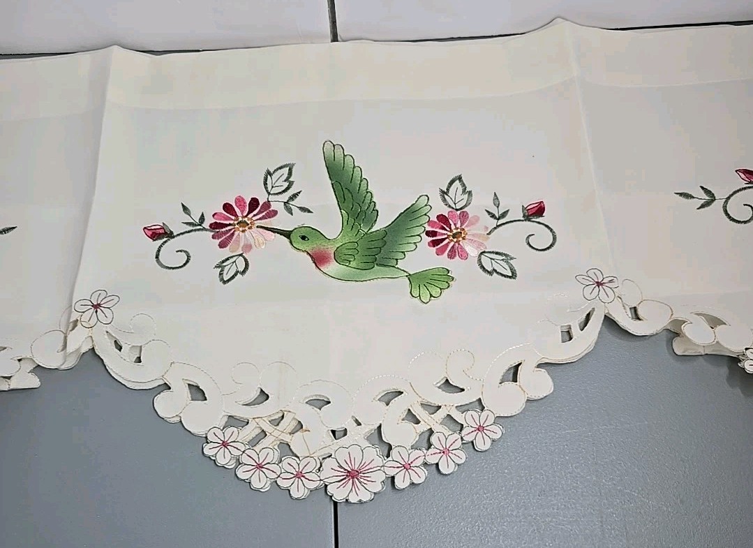 2 Embroidered Hummingbird Window Valance Spring Blooms Birds Valance 40″L×14″
