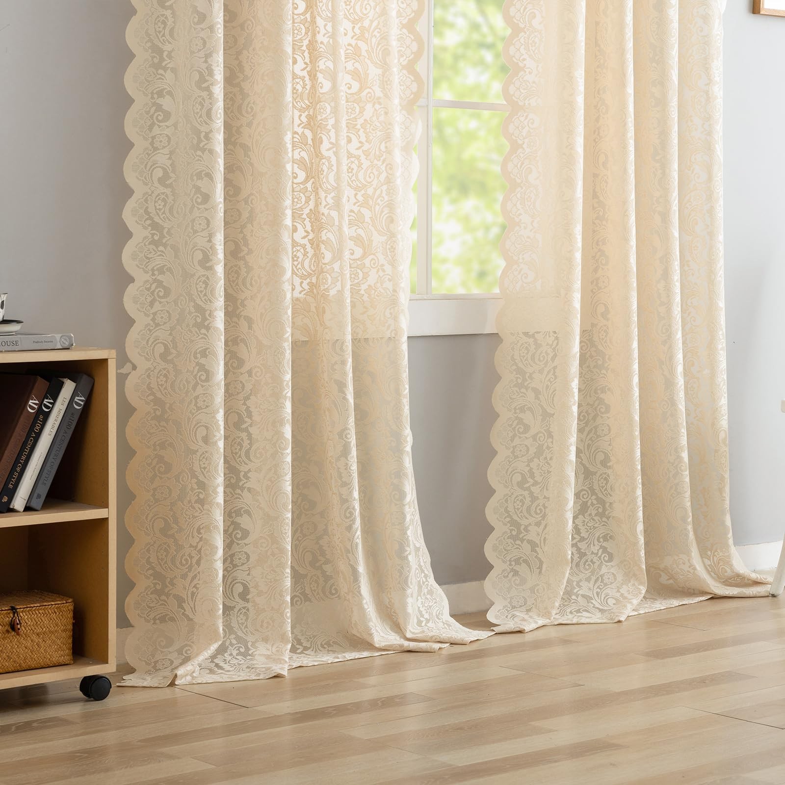 ALIGOGO Lace Beige Boho Curtains 96 Inches Long Set of 2 – Shabby Chic Semi S…