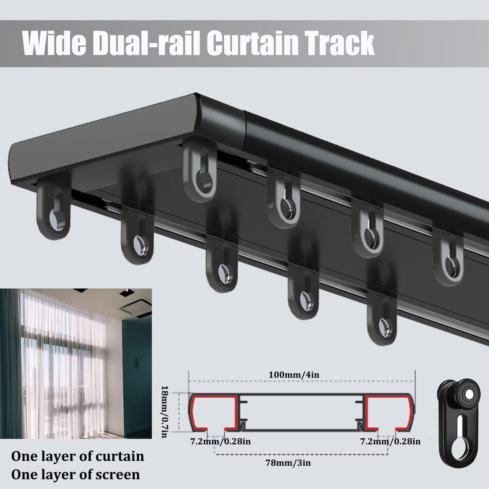 Habuaety Double Curtain Track Ceiling Mounted Aluminum Curtain Rails Silent