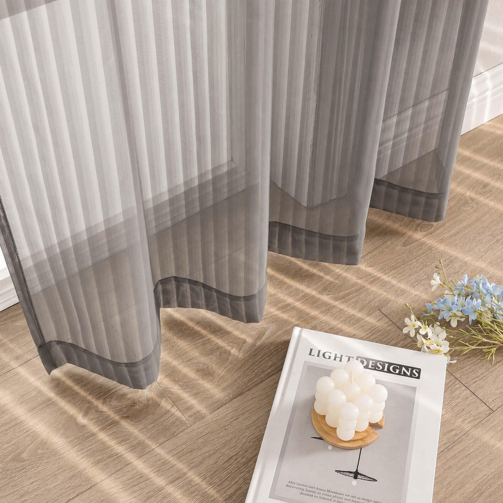 Charcoal Grey Sheer Curtains 63 Inch Length – Striped Design Soft Airy Light …