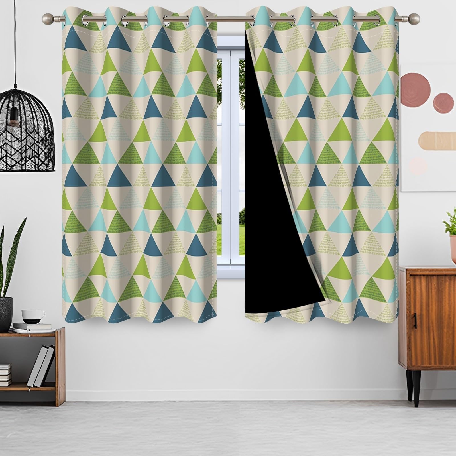 107x160cm Eyelet Curtain Blue Green Triangle Pattern Abstract Tree Art Geometric…