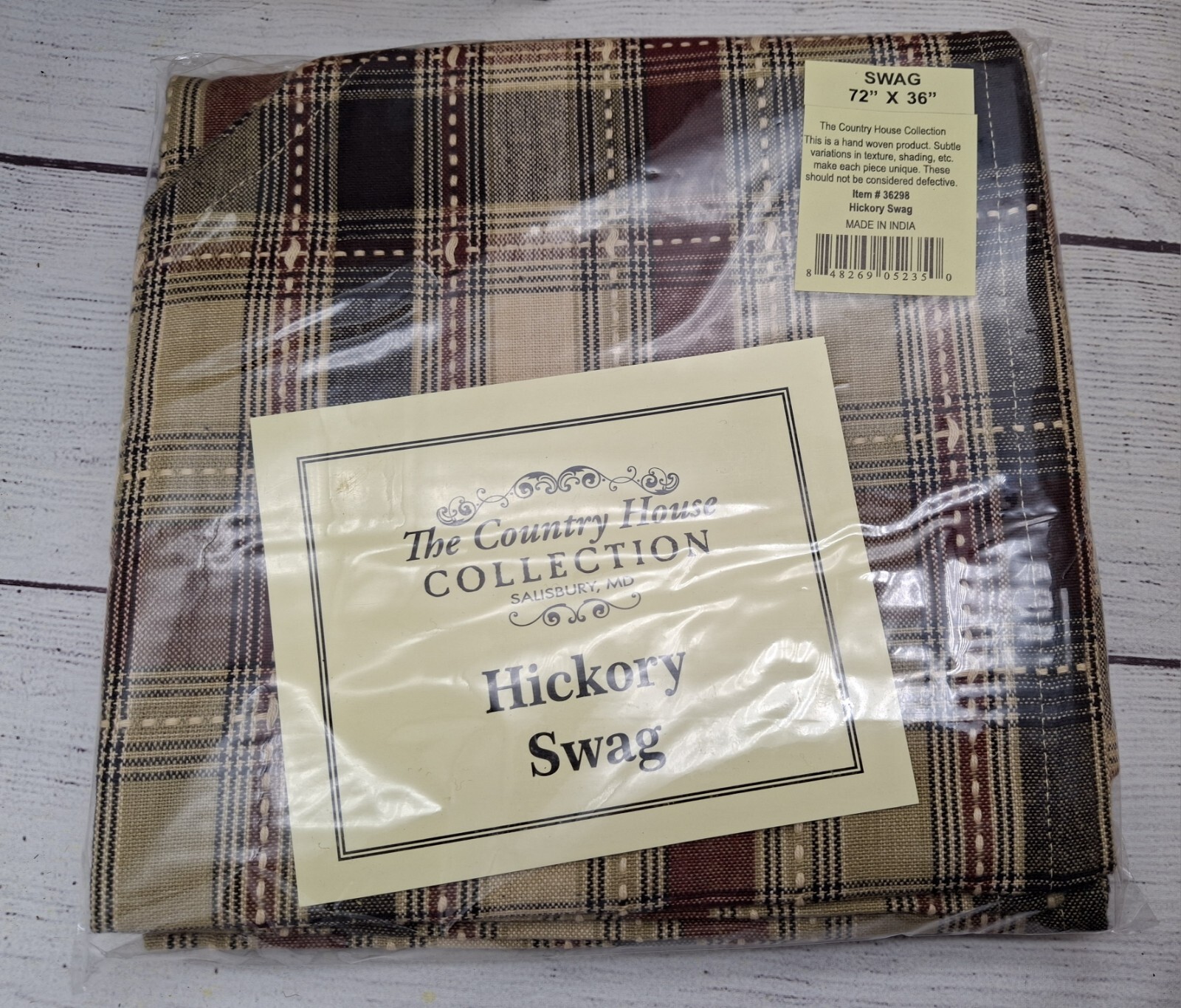 Hickory Checked Window Swag, 72″ x 36″, Country, Burgundy Black Tan Cream