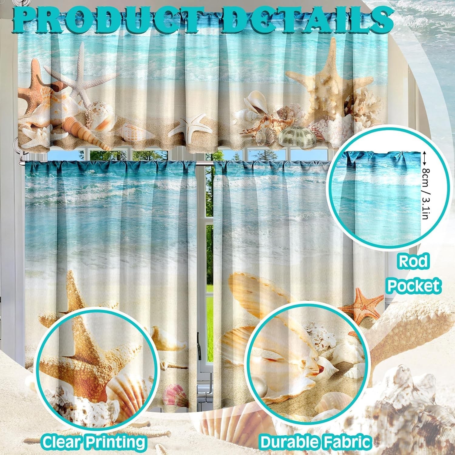Beach Kitchen Curtains Set Coastal Starfish Shell Water Resistant Polyester