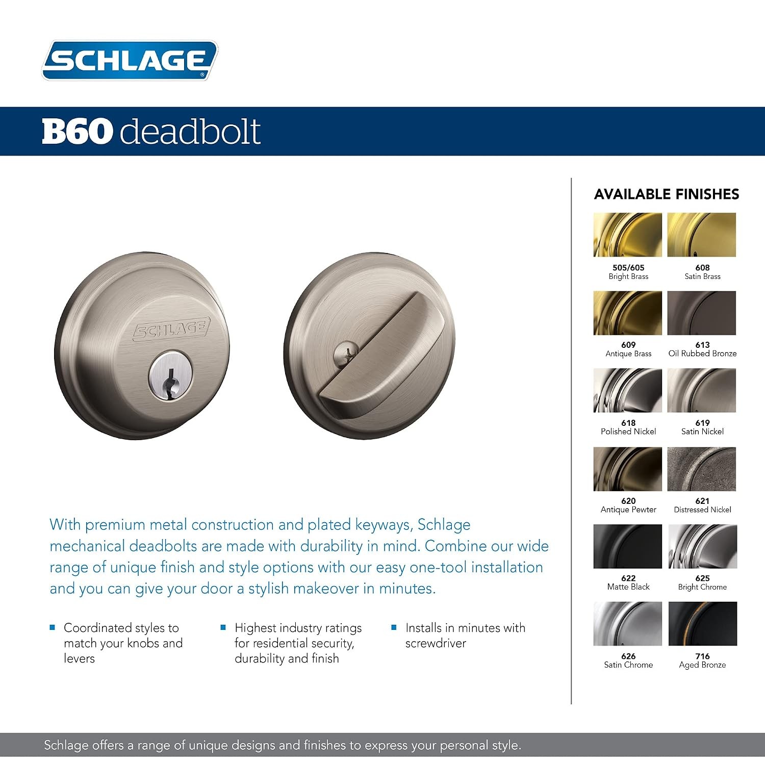 Schlage B60 N 716 Deadbolt, Keyed 1 Side, Highest Residential Security, Aged Bro