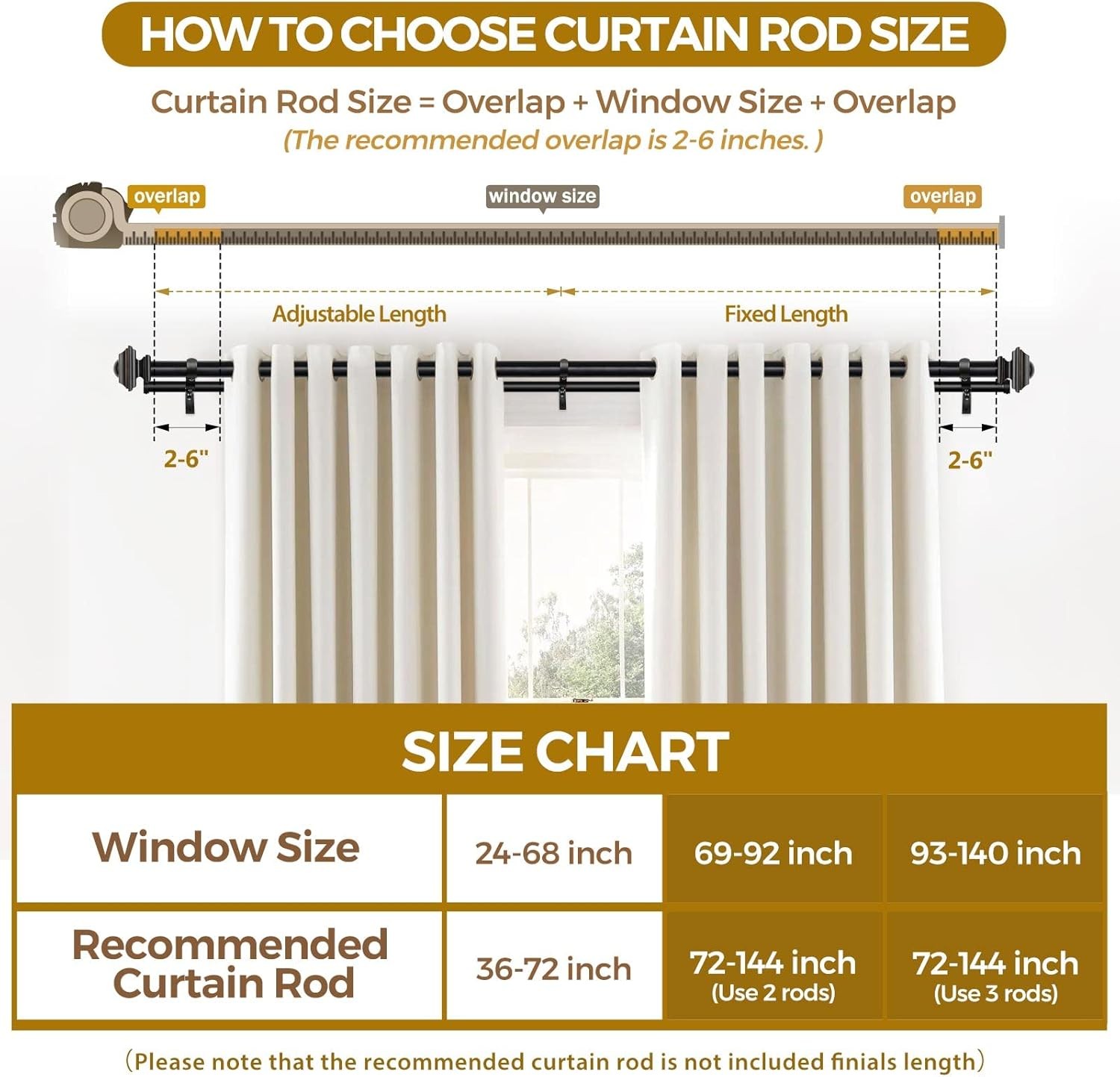 1-inch double curtain rod,adjustable length range from 72 to 144 inches