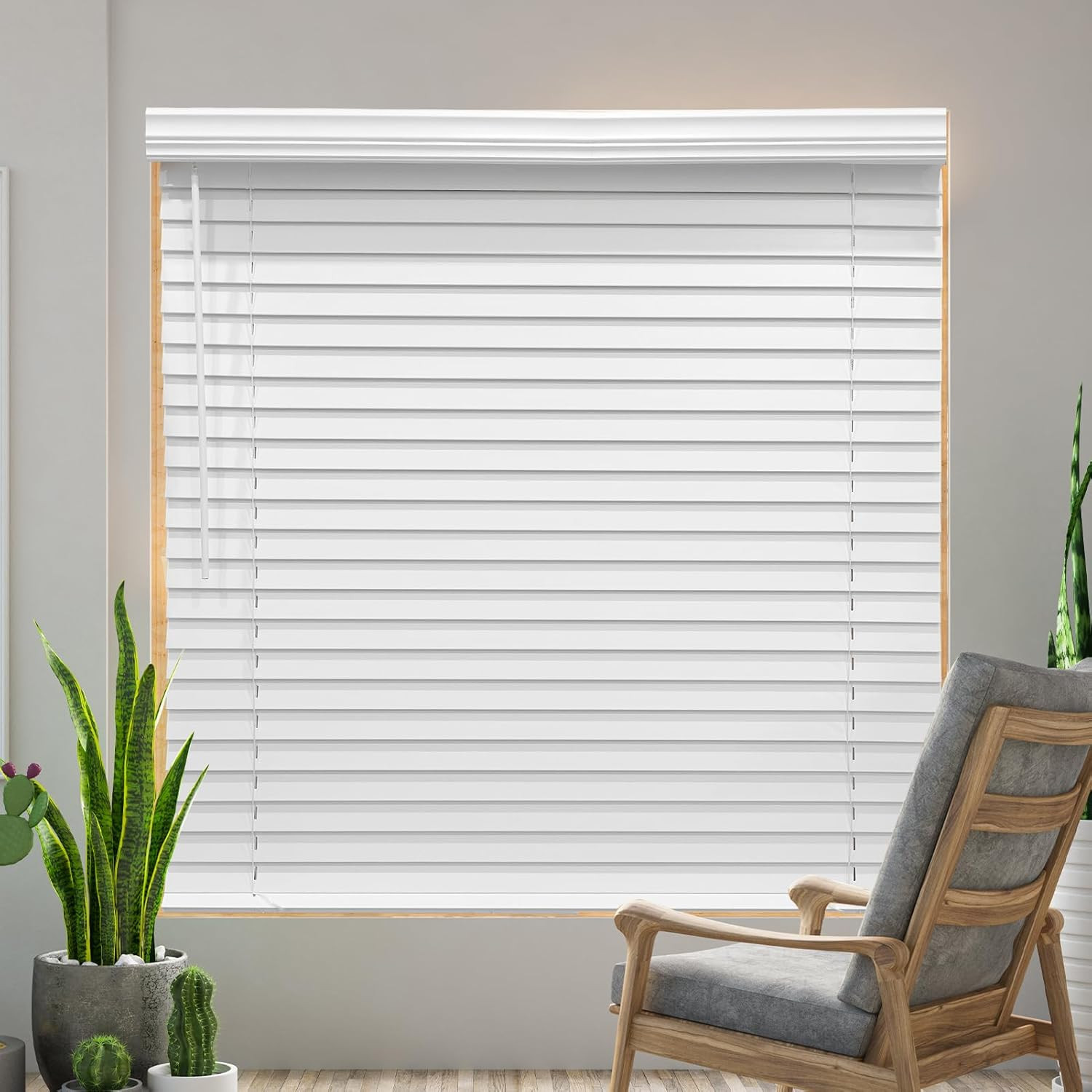 35″ W X 60″ H Cordless Faux Wood Blinds, 2″ Slat, White, Room Darkening, Light F