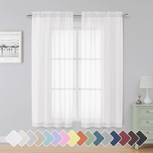 Sheer Curtains 63 Inch Length 2 Panels, Rod 42″W x 63″L (Pack of 2) White