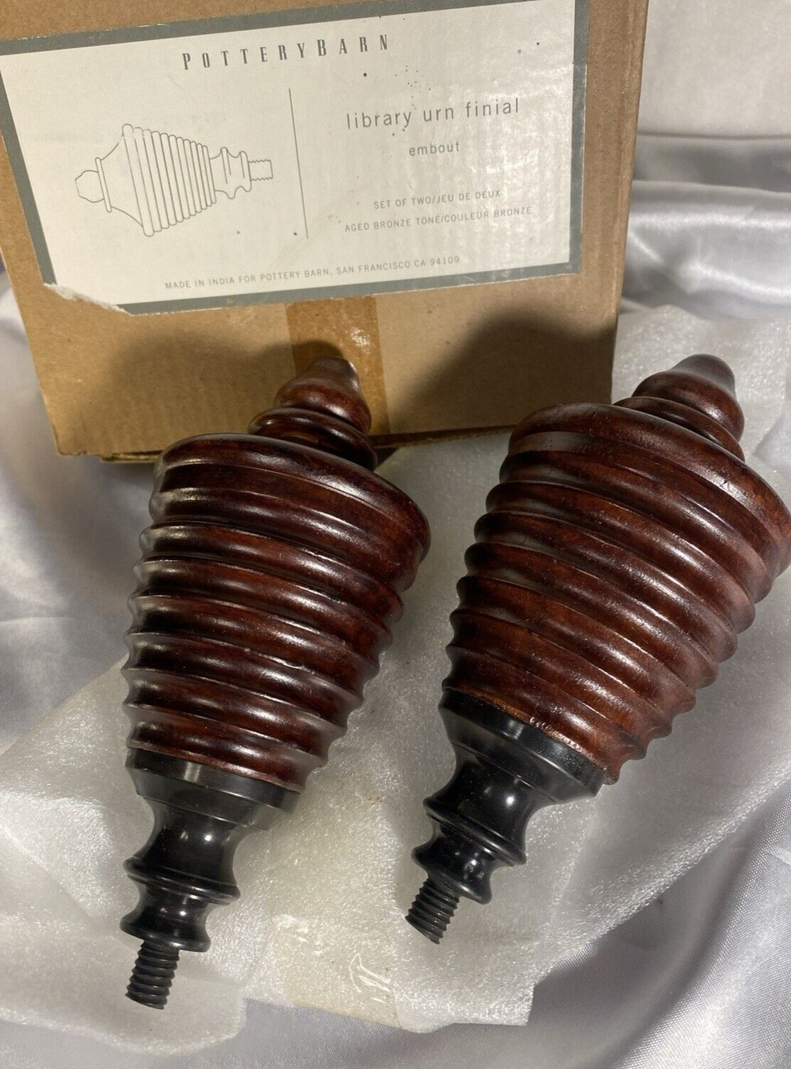 POTTERY BARN Library Urn Finials Aged Bronze Wooden Mahogany INDIA NIB-RARE