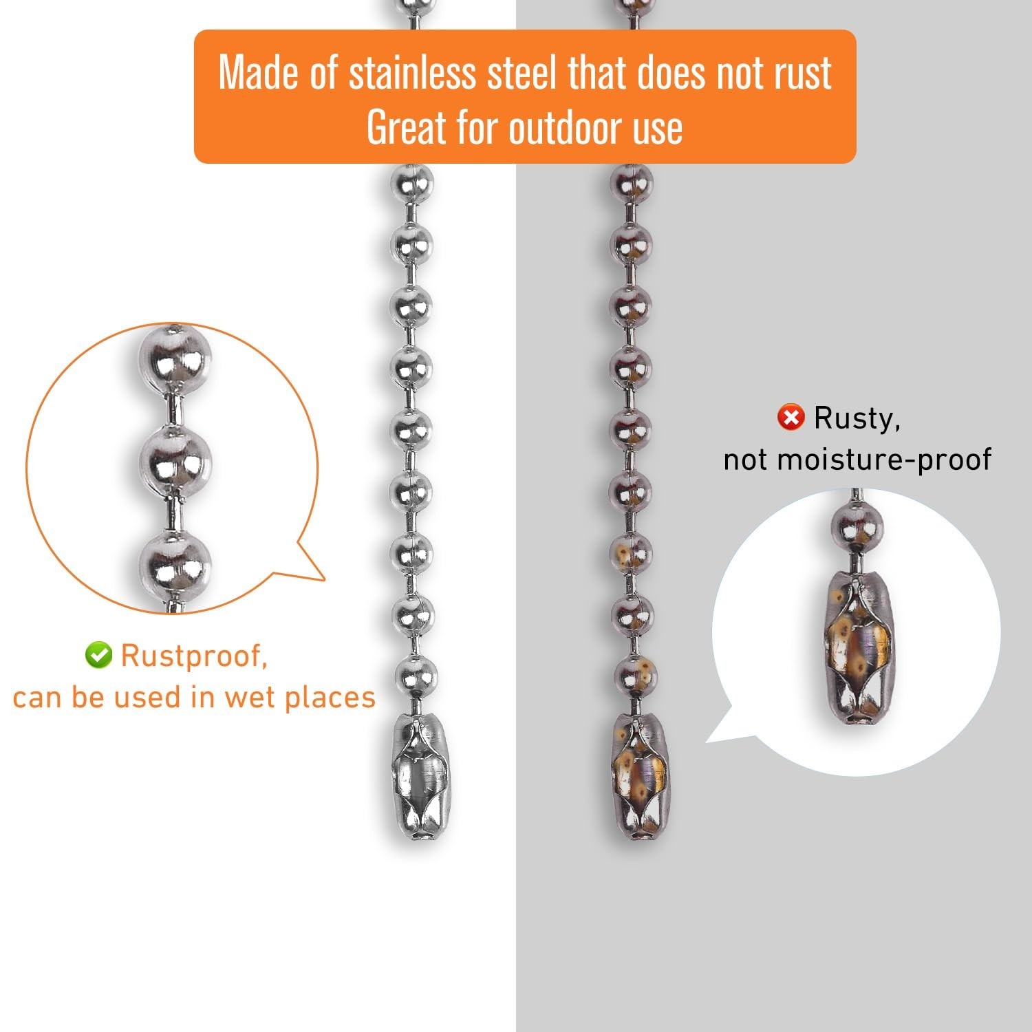32ft 304 Stainless Steel Ball Chain for Blinds & Shades + 10 Connectors, DIY Fix
