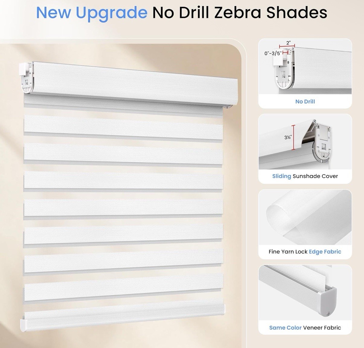 White, 34” x 64” Cordless Zebra Blind Dual Layer Light Filtering Privacy Shades