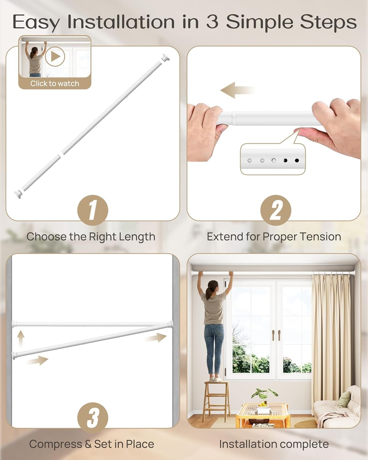 Tension Curtain Rod by ,42-123 Inches,Heavy Duty Tension Rods for Windows, No…