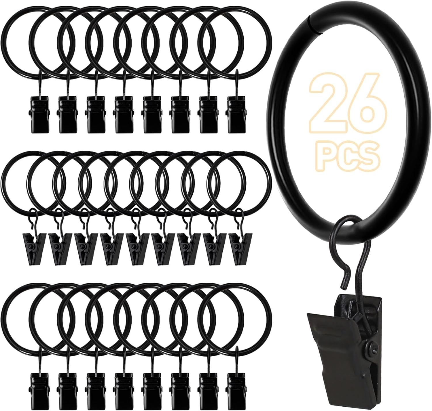 26 PCS Curtain Rings with Clips Hooks for Drapes Black 126 Inch Diameter