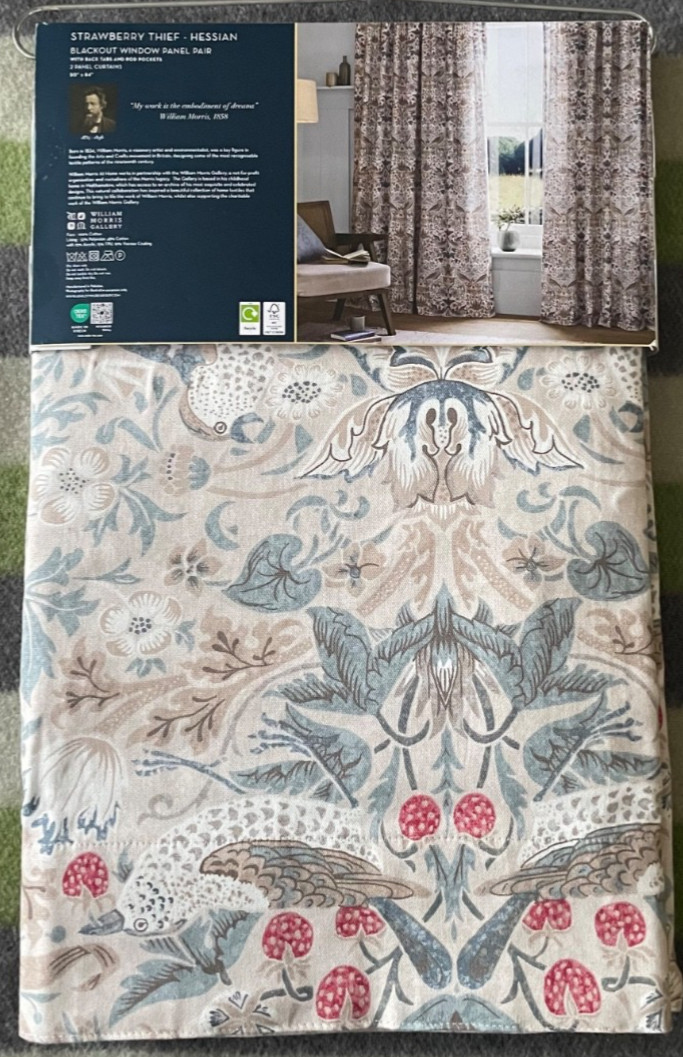 NEW William Morris 2pc BLACKOUT Strawberry Thief Hessian Window Curtain 50″x84″