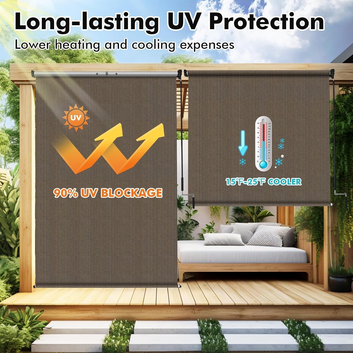 Versatile Mocha Cordless Patio Shades 72”W x 96”H – Easy Assembly Blinds