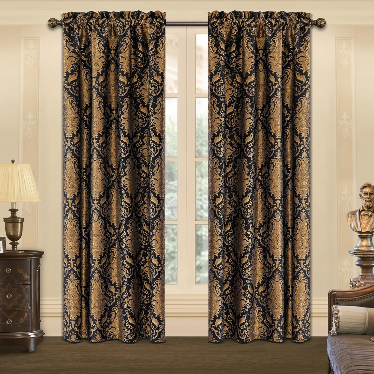 Luxury Black Damask Curtains, 2 Panels with Tiebacks, 52”x84” for Living Room