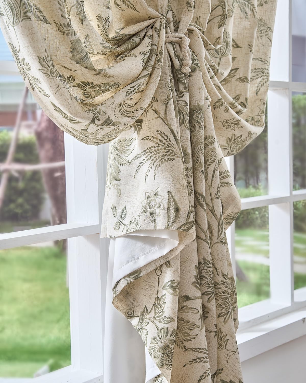84″ Floral Linen Blackout Curtains Living Room Lined Farmhouse Room Darken Green