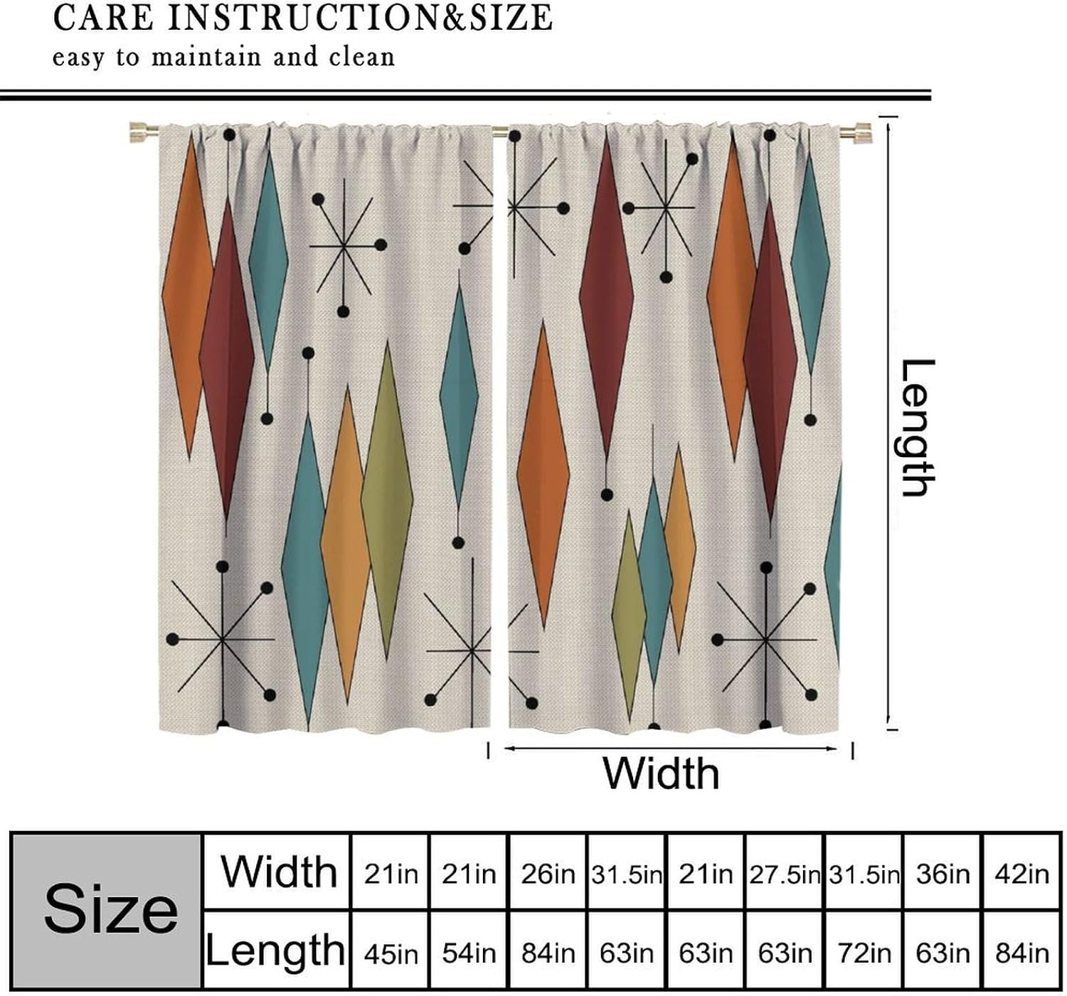 Abstract Geometric Modern Curtains Mid Century Art Colorful Orange Blue Green Wi