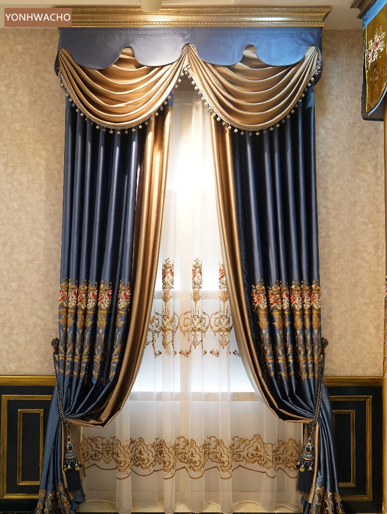 high-precision embroidered blue cloth curtain valance tulle drapery C762