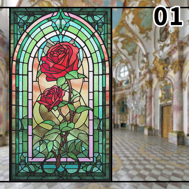 Retro Rose Stained Glass Film Frosted Window Sticker Bathroom Office Decor