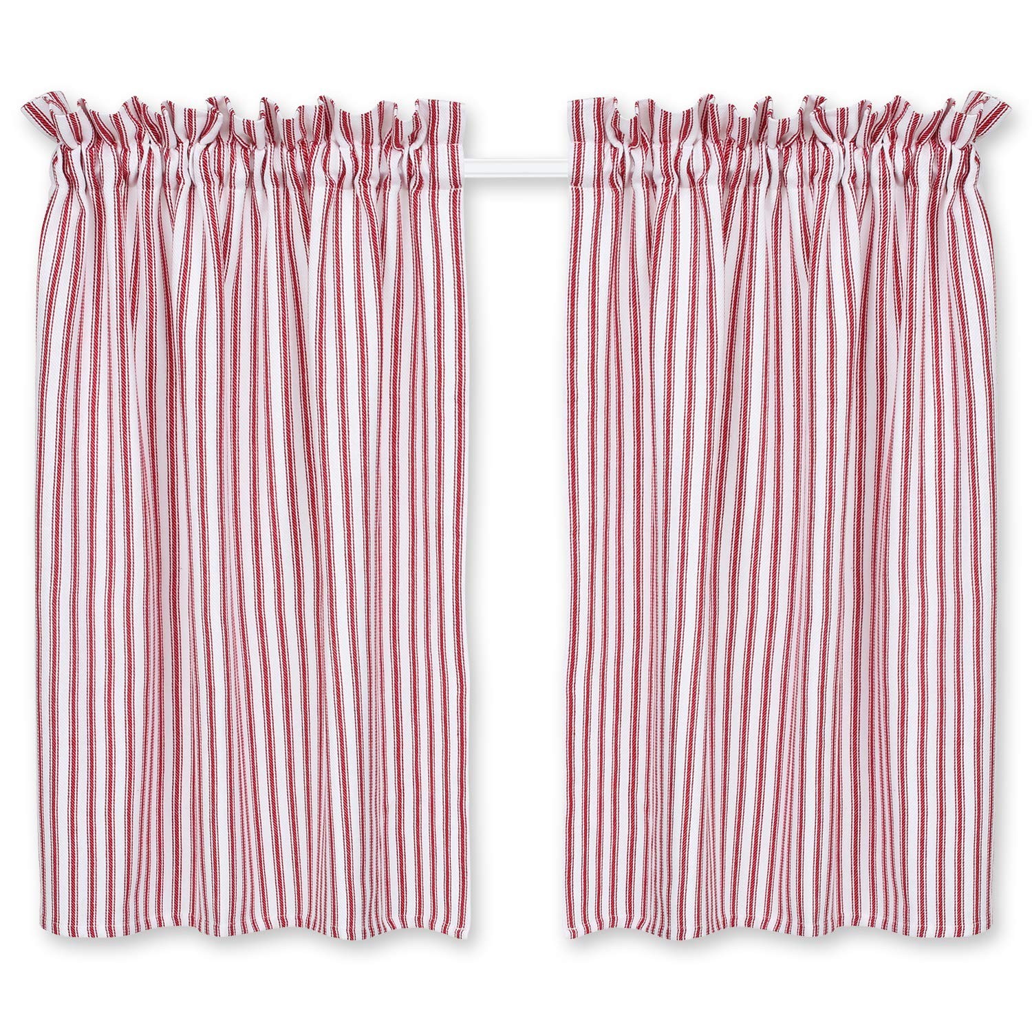 Red and White Ticking Stripe Cafe Curtains 28 Inches W x 36 Inches L Woven Co…