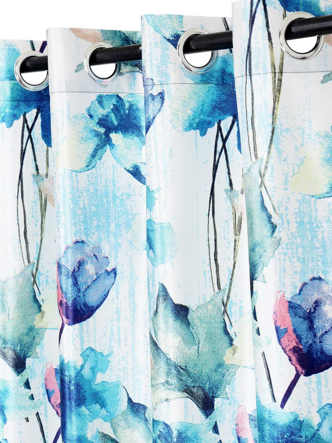 2 Piece Premium Floral Polyester Door Curtains 7Ft – Blue