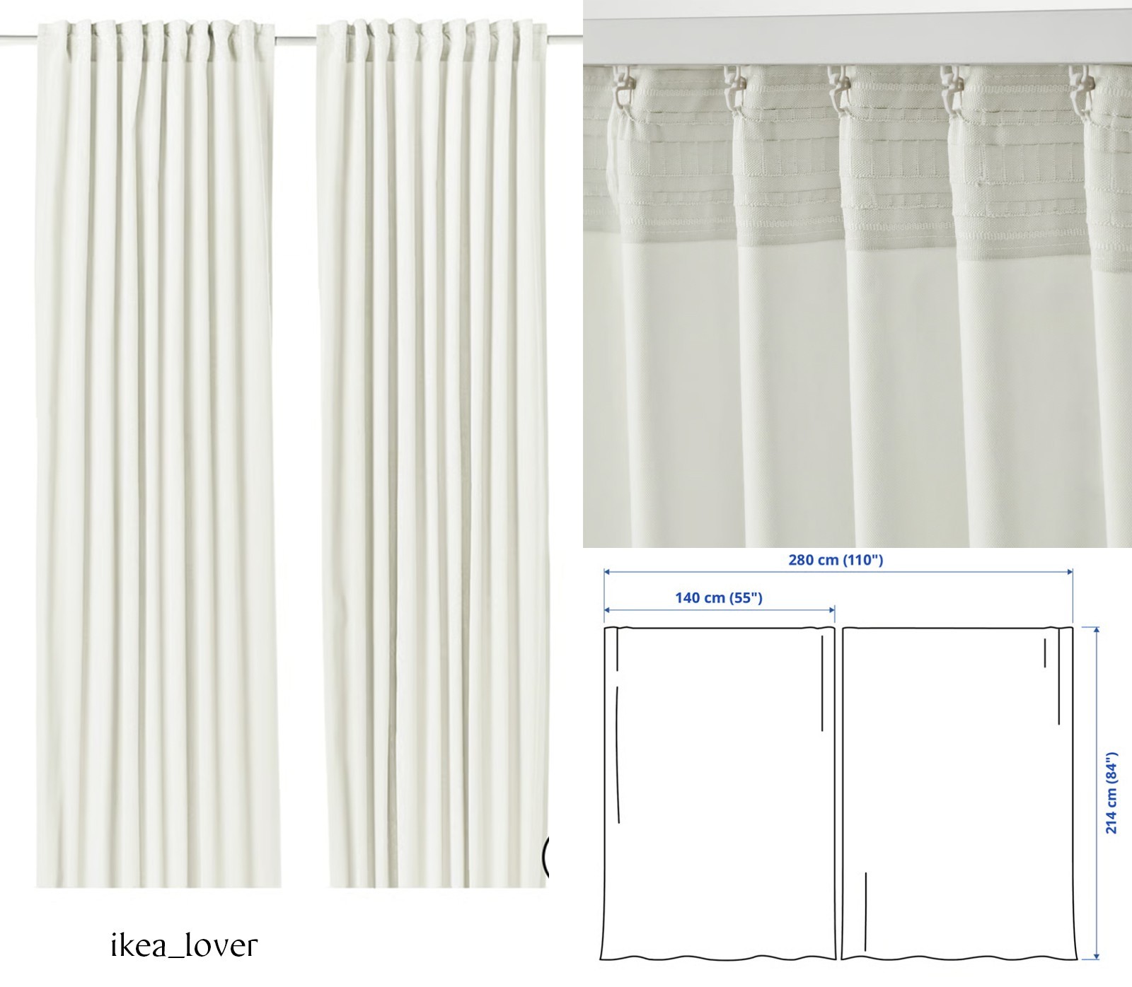 Ikea SANELA Curtains,1 pair,off-white/with heading tape, 55×84″ NEW- 705.919.90
