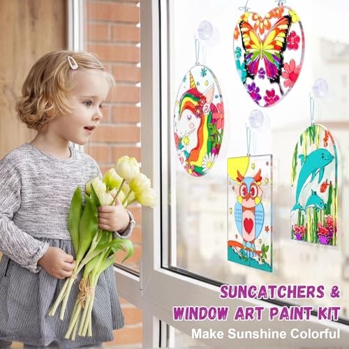 Window Art for Kids Including 4 Large Suncatcher Crafts, 18 Window Paints blue