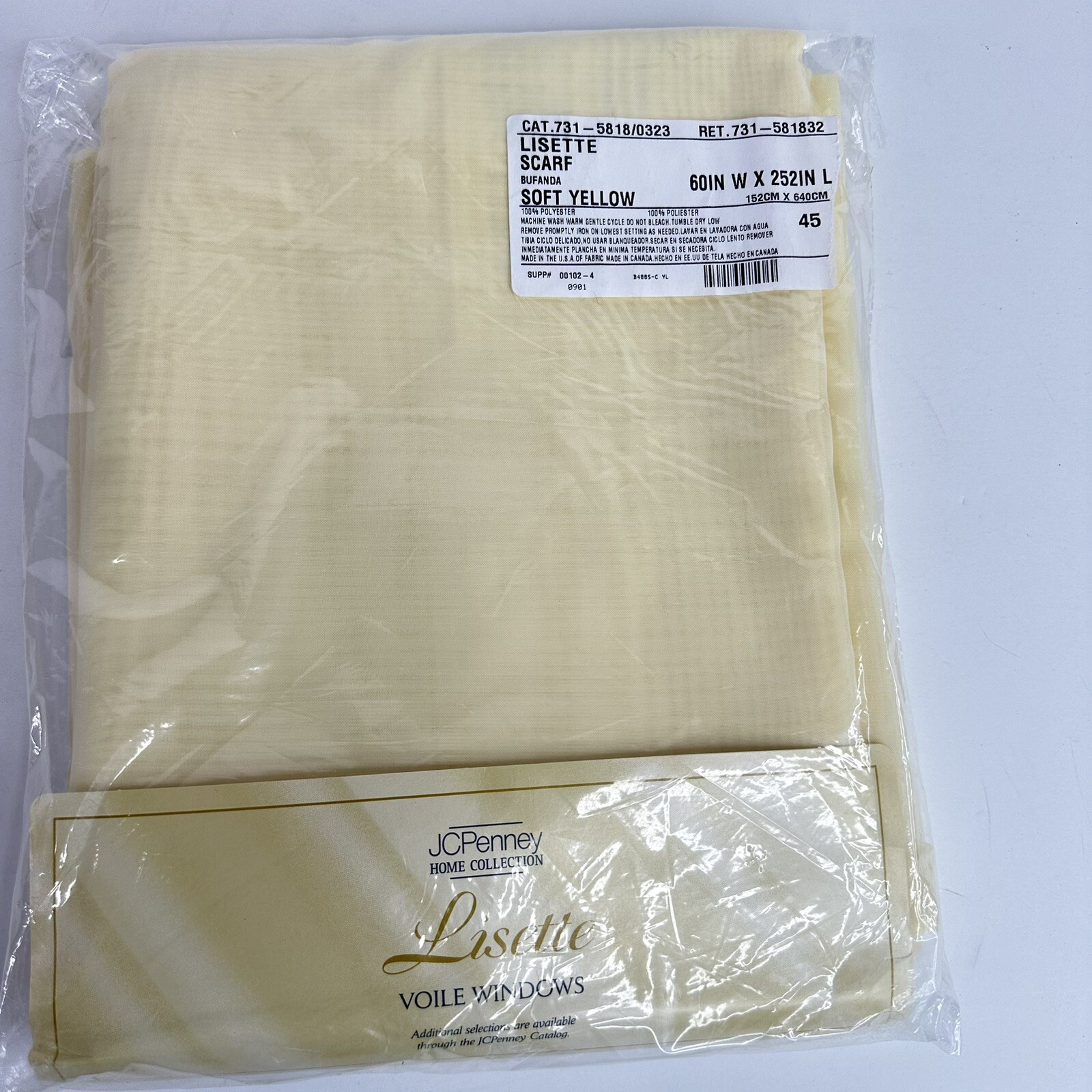 JC Penney Window Fashions Lisette Voile Sheer Scarf Soft Yellow 60 x 252