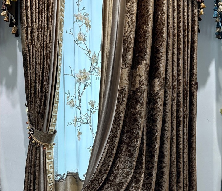 luxury European Embroidery valance shade coffee Velvet curtain tulle M1802