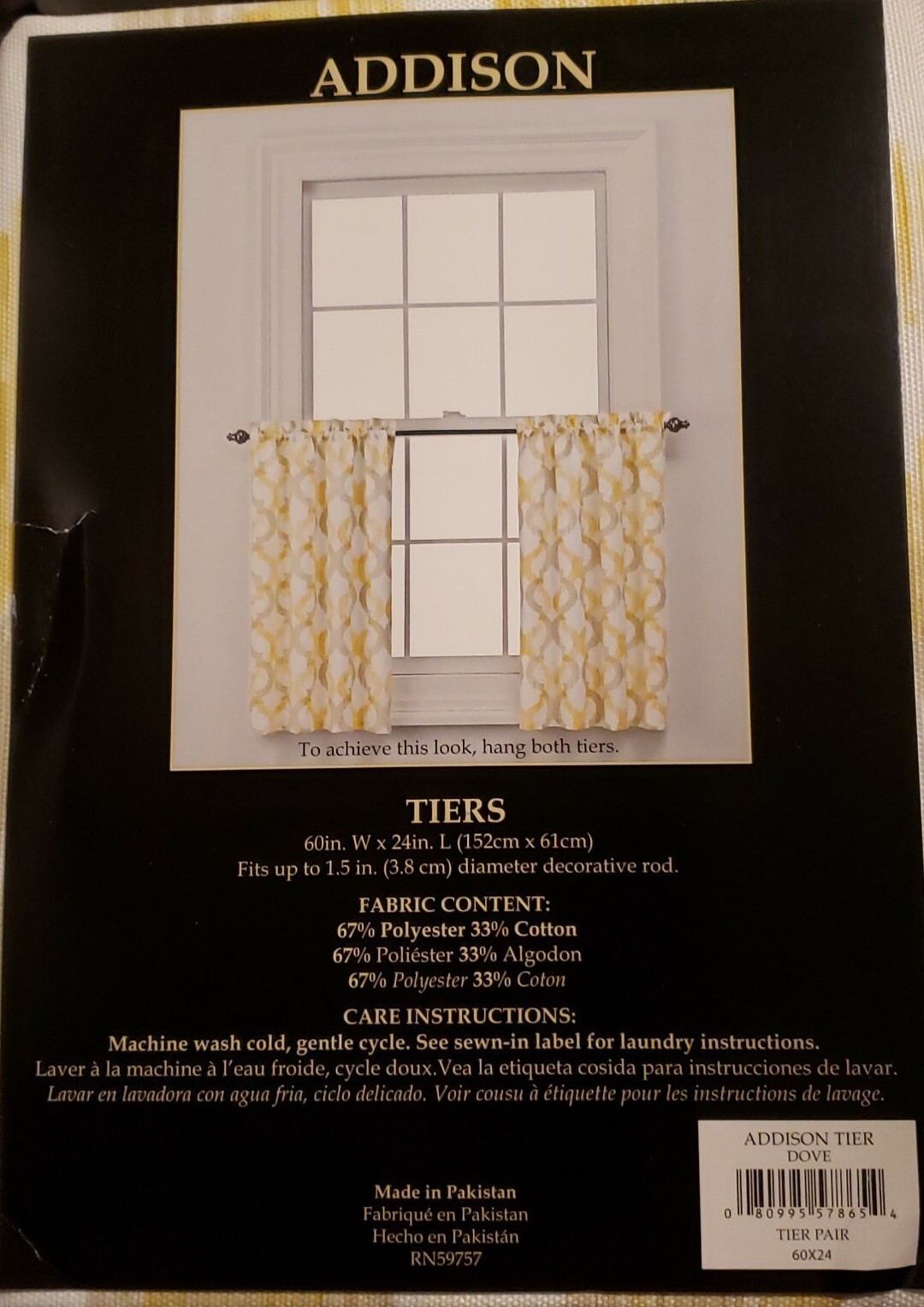 Addison Dove 60″ W X 24″ L Window Tiers Polyester & Cotton New