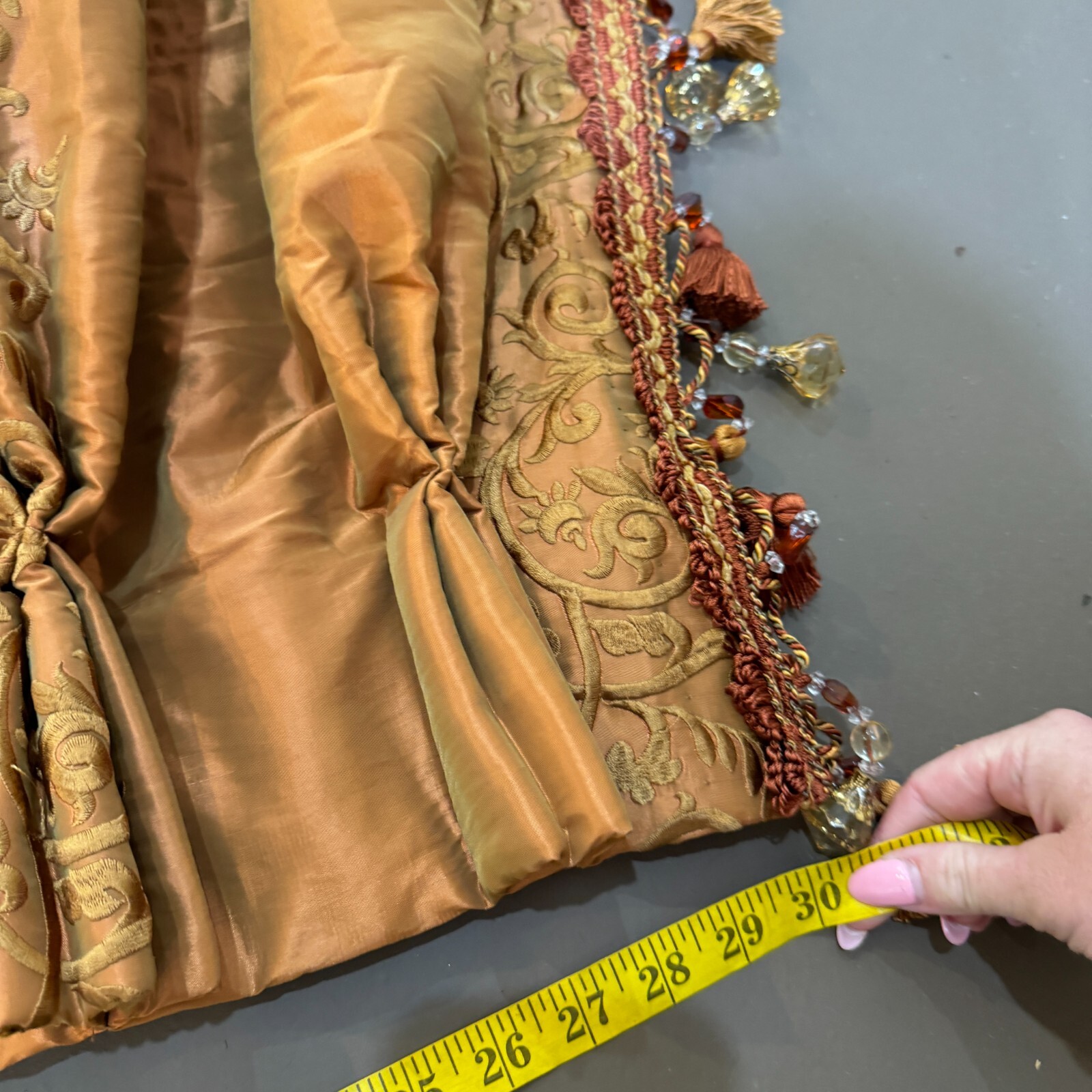 custom pinch pleat drape curtain panel brown damask floral beaded edge